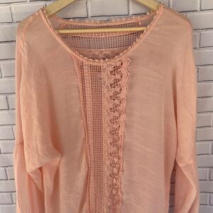 Wrangler Peach Sheer Peasant Top Lace Inlays Sz L‎